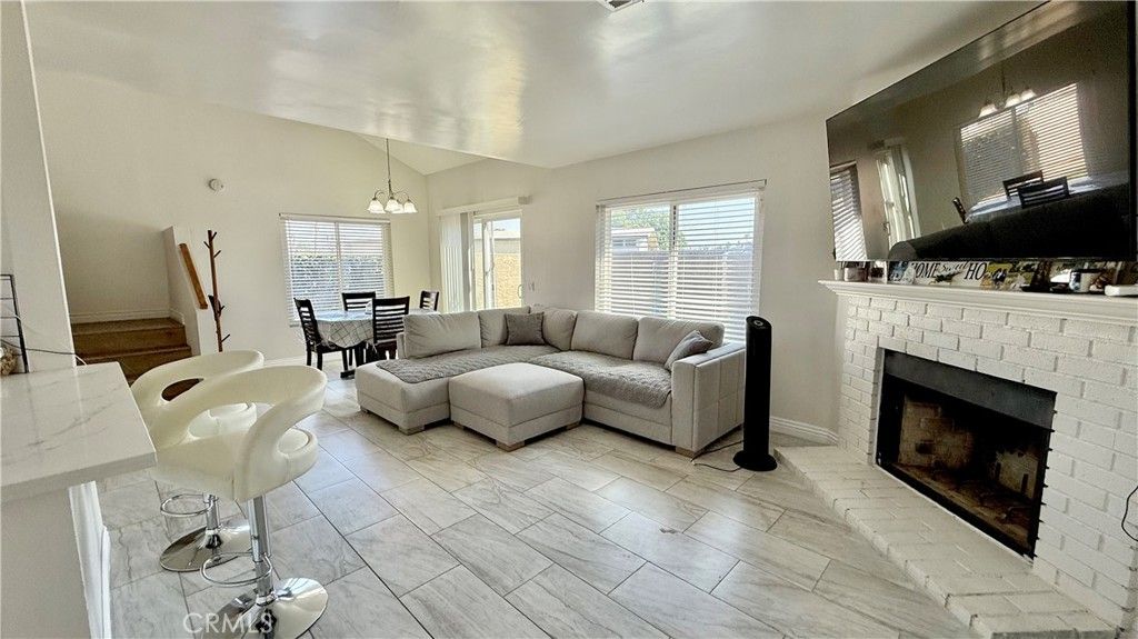 Dining room, Fireplace, Interior, Living room, Pendant Lights, Wood Texture Flooring