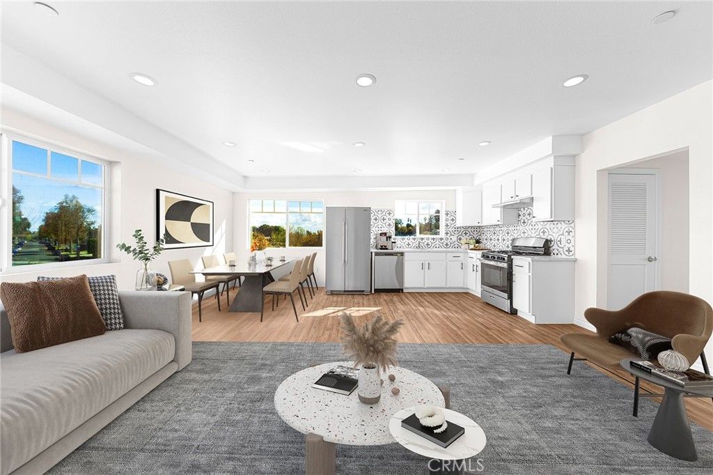 Dining room, Interior, Kitchen, Living room, Recessed Lighting, Stainless Steel Appliances, Wood Texture Flooring
