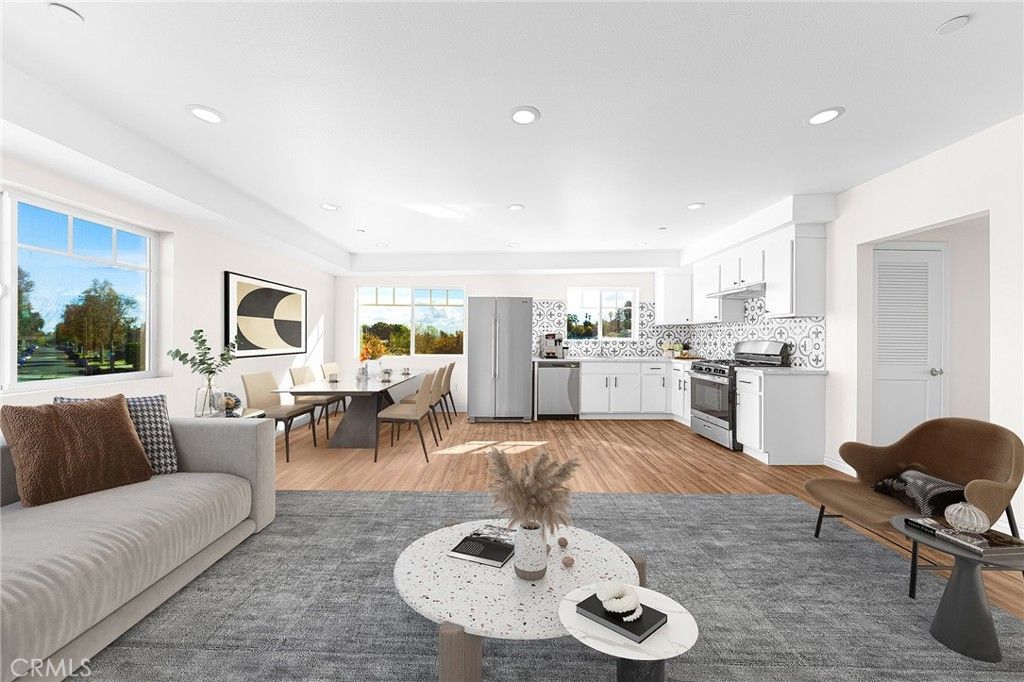 Dining room, Interior, Kitchen, Living room, Recessed Lighting, Stainless Steel Appliances, Wood Texture Flooring