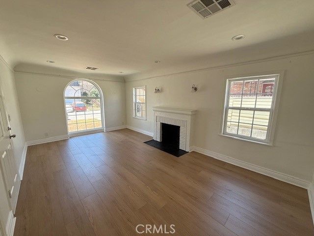 Empty room, Fireplace, Interior, Recessed Lighting, Wood Texture Flooring