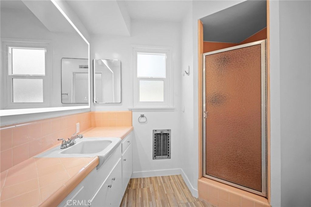 Bathroom, Glass Shower, Interior, Tile Countertops, Wood Texture Flooring
