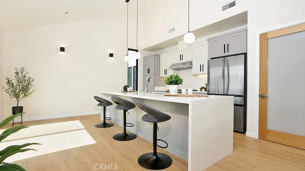 Interior, Kitchen, Pendant Lights, Stainless Steel Appliances, Wood Texture Flooring