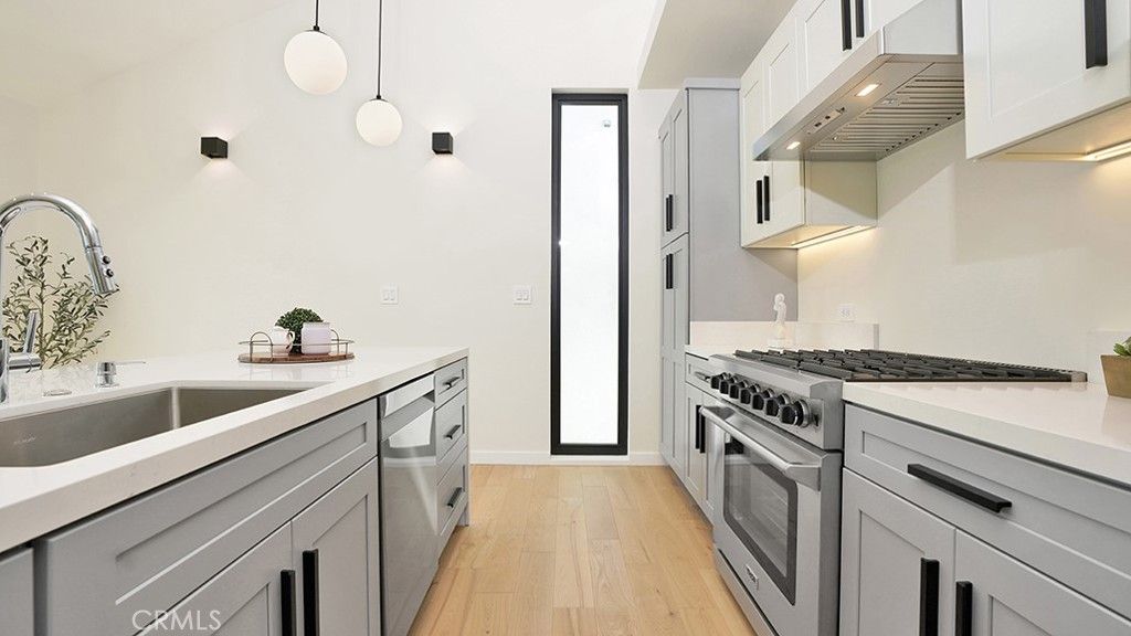 Interior, Kitchen, Pendant Lights, Stainless Steel Appliances, Wood Texture Flooring