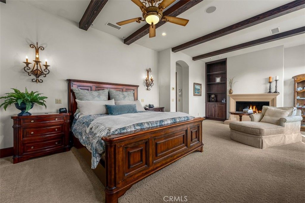 Bedroom, Fireplace, Interior, Recessed Lighting, Wooden Beams