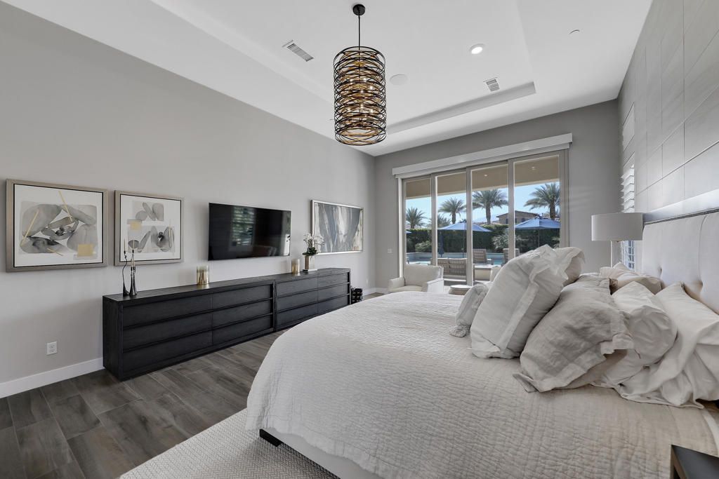 Bedroom, Interior, Pendant Lights, Recessed Lighting, Wood Texture Flooring