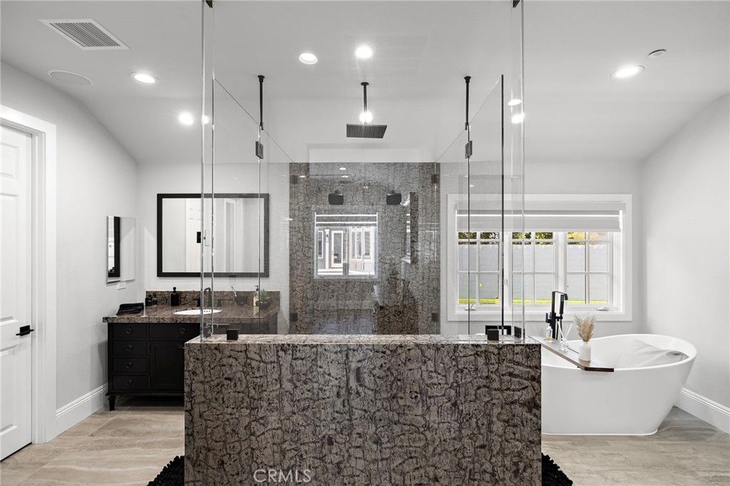 Bathroom, Dual Sink Vanities, Free Standing Baths, Glass Shower, Interior, Pendant Lights, Recessed Lighting