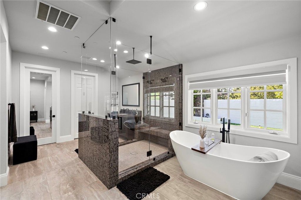 Bathroom, Dual Sink Vanities, Free Standing Baths, Glass Shower, Interior, Pendant Lights, Recessed Lighting, Water