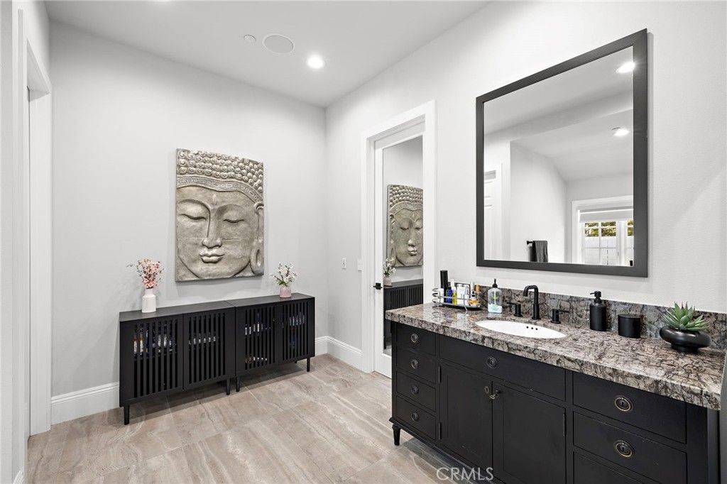 Bathroom, Dual Sink Vanities, Interior, Recessed Lighting, Wood Texture Flooring