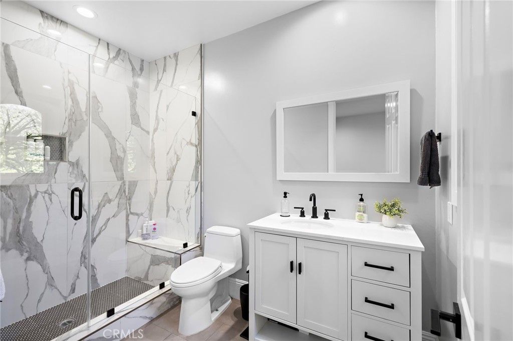 Bathroom, Glass Shower, Interior, Marble Walls, Recessed Lighting, Wood Texture Flooring
