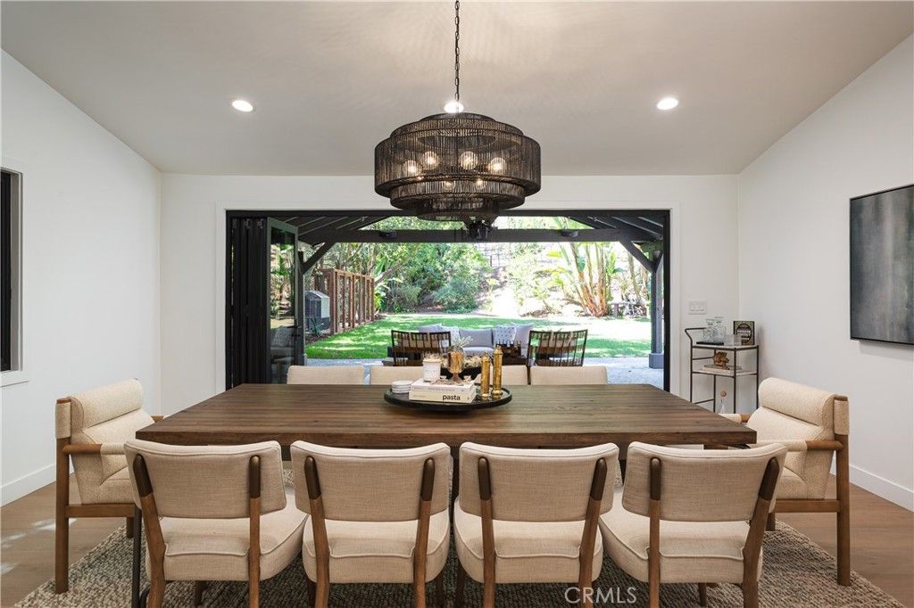 Chandelier, Dining room, Interior, Pendant Lights, Recessed Lighting, Wood Texture Flooring
