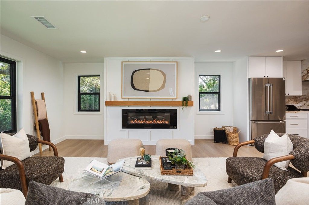 Fireplace, Interior, Living room, Recessed Lighting, Wood Texture Flooring
