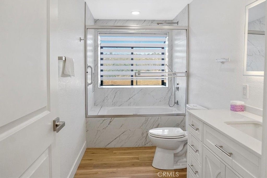 Bathroom, Interior, Marble Walls, Recessed Lighting, Wood Texture Flooring