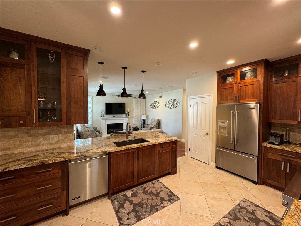Fireplace, Interior, Kitchen, Pendant Lights, Recessed Lighting, Stainless Steel Appliances
