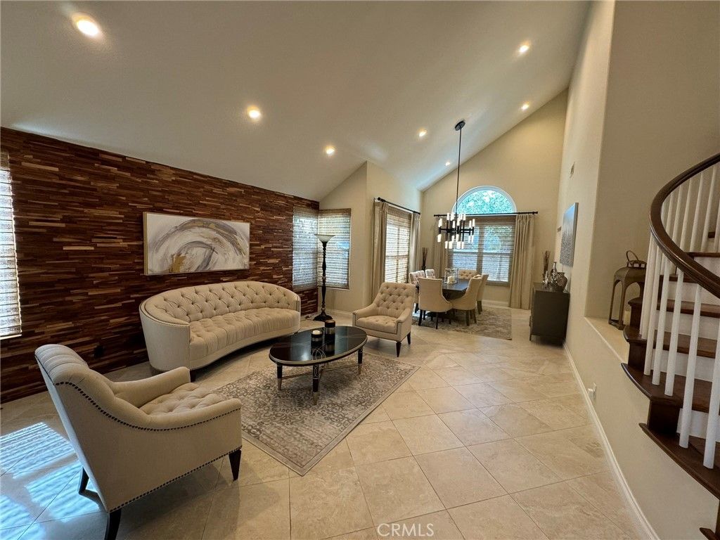 Chandelier, Dining room, Interior, Living room, Recessed Lighting, Stone Walls, Wooden Walls