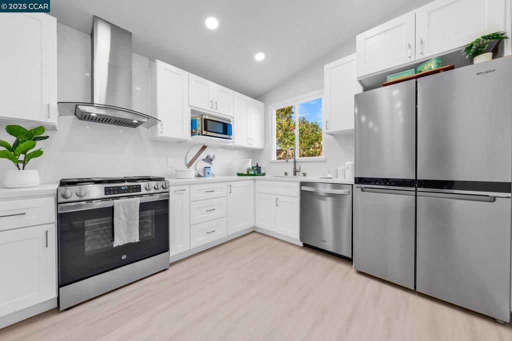 Interior, Kitchen, Recessed Lighting, Stainless Steel Appliances, Wood Texture Flooring
