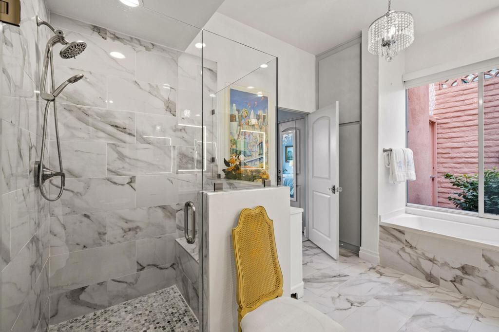 Bathroom, Glass Shower, Interior, Marble, Marble Walls, Pendant Lights, Recessed Lighting