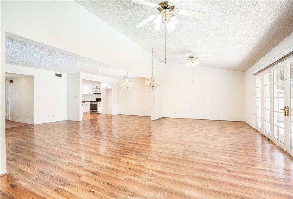 Chandelier, Empty room, Interior, Kitchen, Stainless Steel Appliances, Wood Texture Flooring