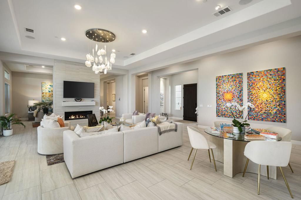 Dining room, Fireplace, Interior, Living room, Pendant Lights, Recessed Lighting
