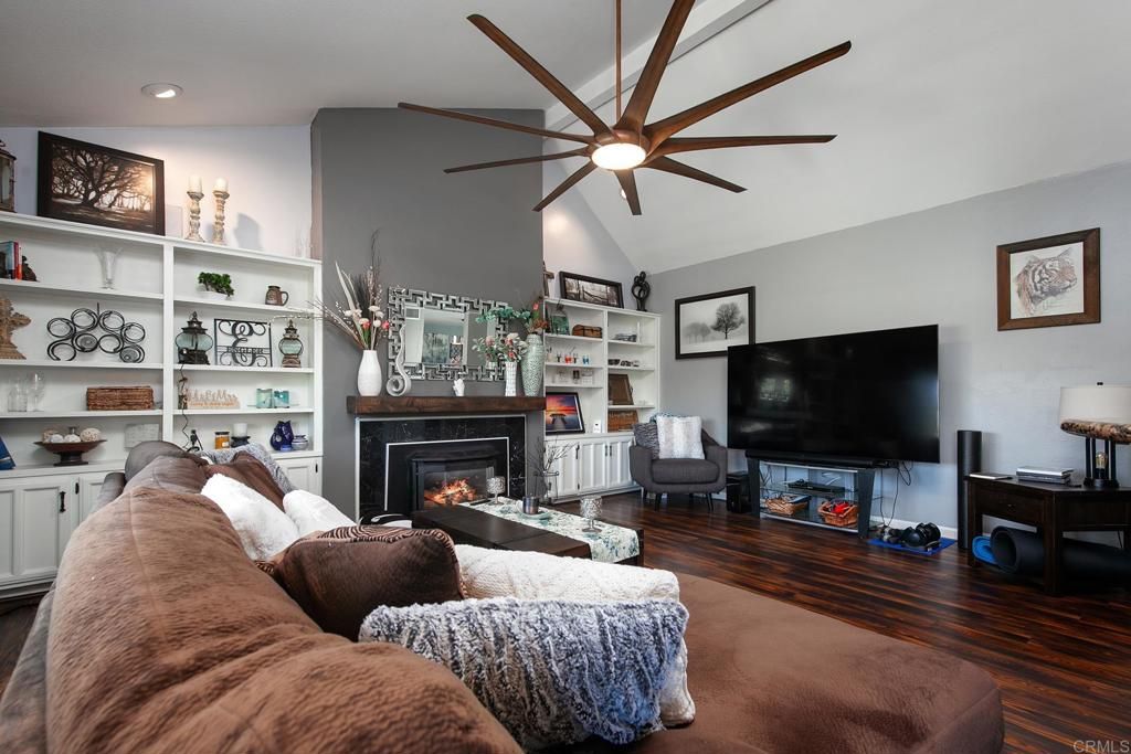 Fireplace, Interior, Living room, Recessed Lighting, Wood Texture Flooring