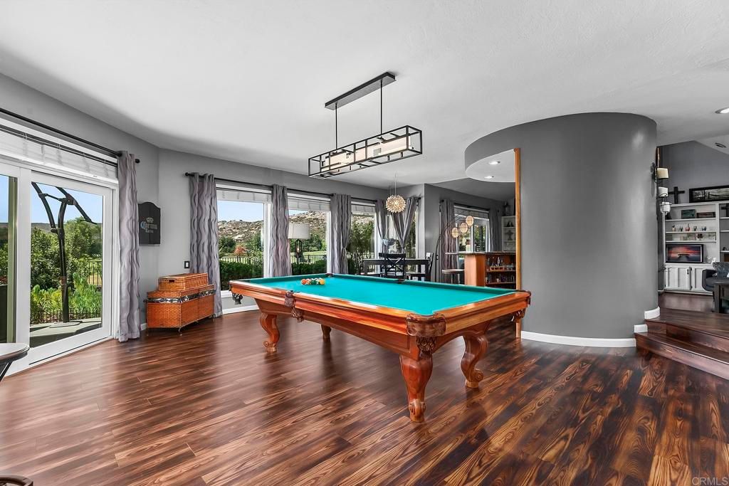 Billiard Table, Game Room, Interior, Pendant Lights, Recessed Lighting, Wood Texture Flooring