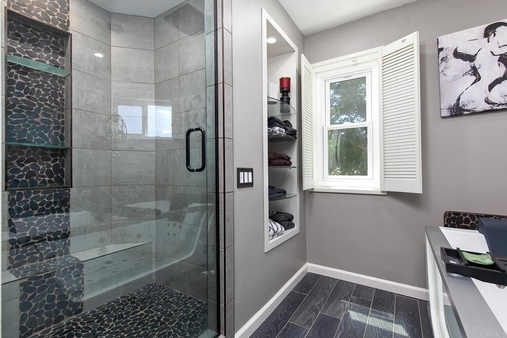 Bathroom, Glass Shower, Interior, Recessed Lighting, Wood Texture Flooring