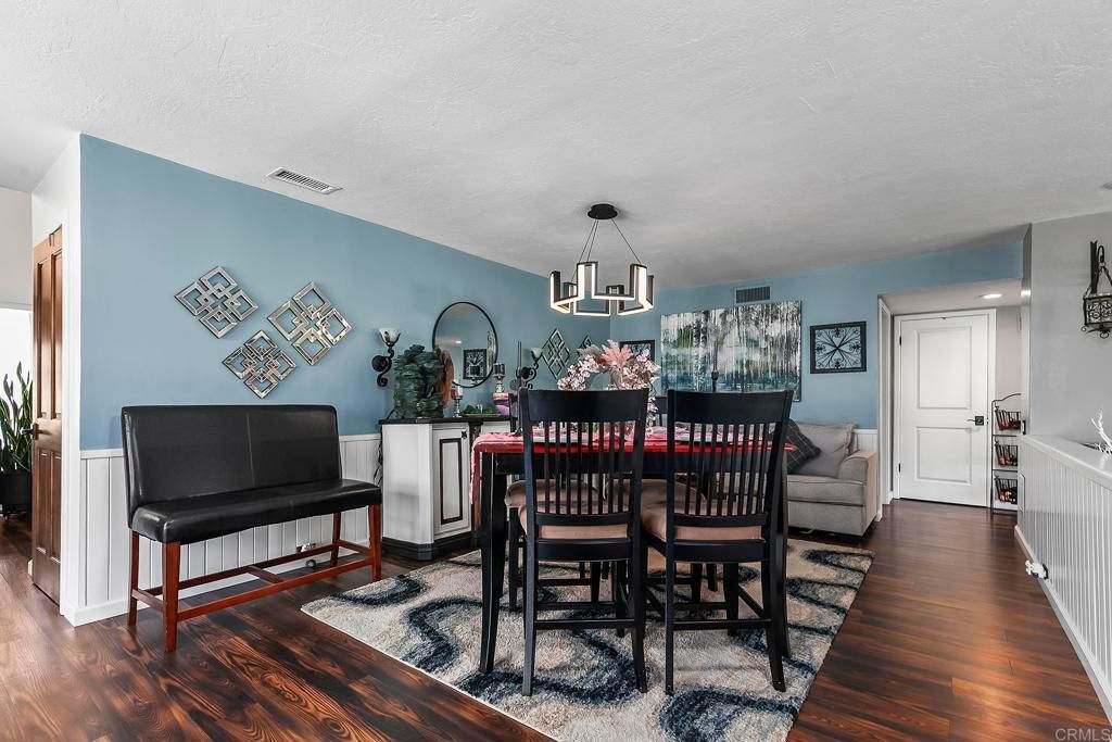 Dining room, Interior, Pendant Lights, Recessed Lighting, Wood Texture Flooring