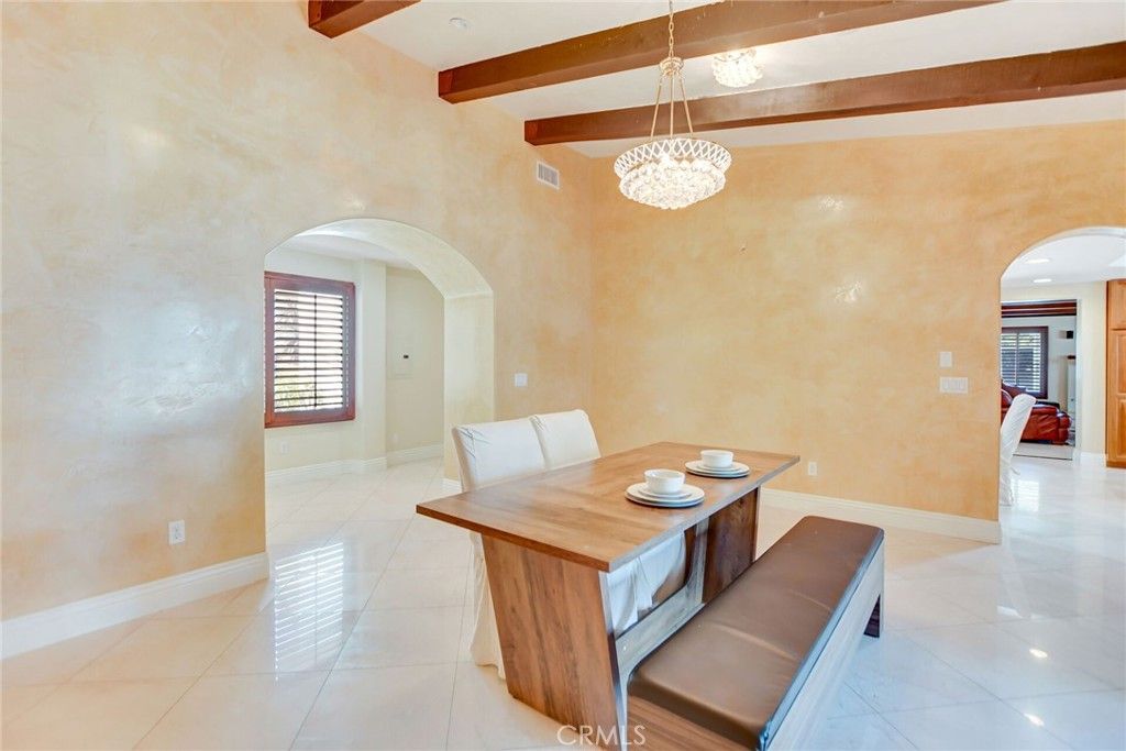 Chandelier, Dining room, Interior, Recessed Lighting, Wooden Beams