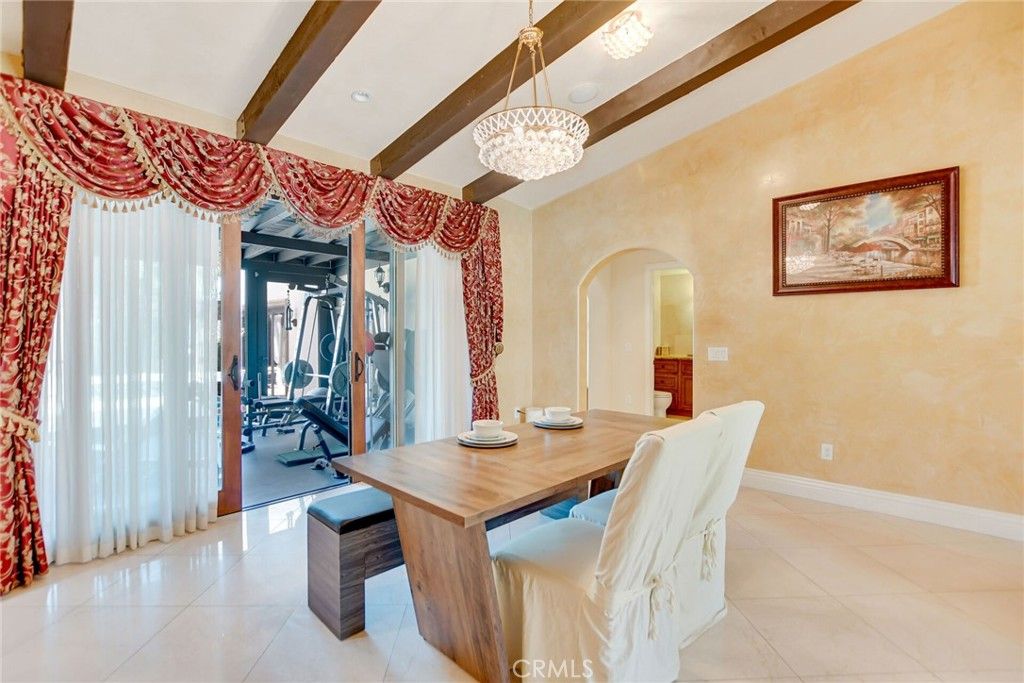 Chandelier, Dining room, Interior, Recessed Lighting, Wooden Beams