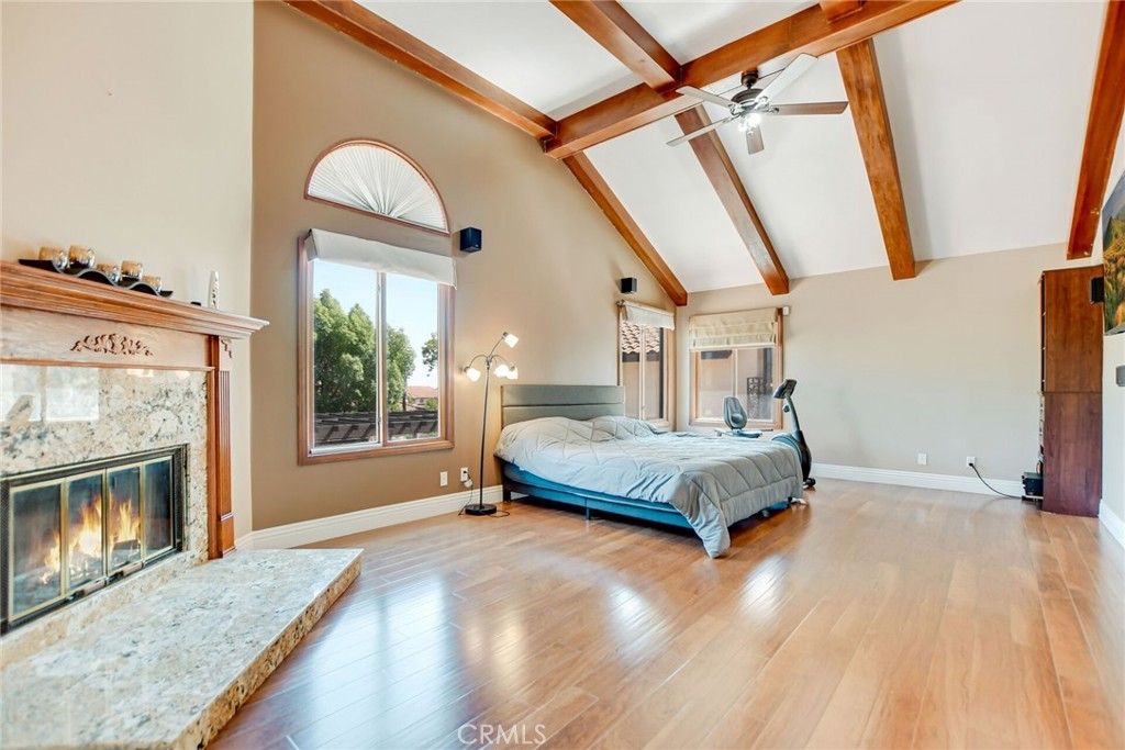 Bedroom, Fireplace, Interior, Wooden Beams, Wood Texture Flooring