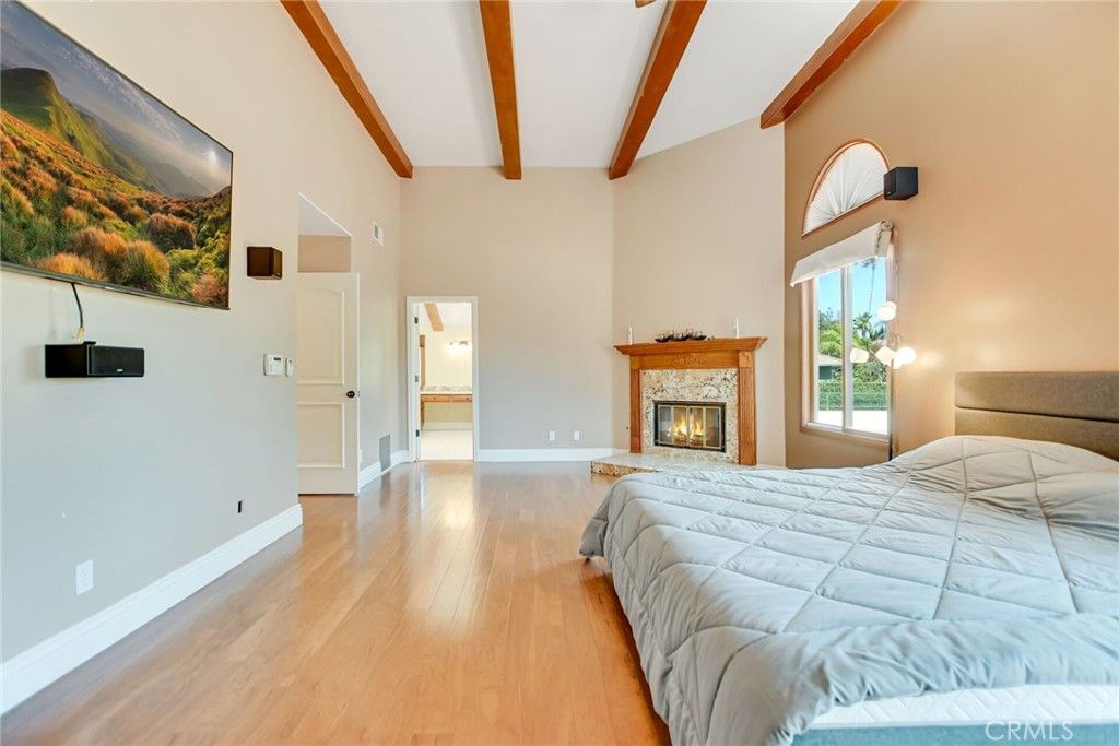 Bedroom, Fireplace, Interior, Wooden Beams, Wood Texture Flooring