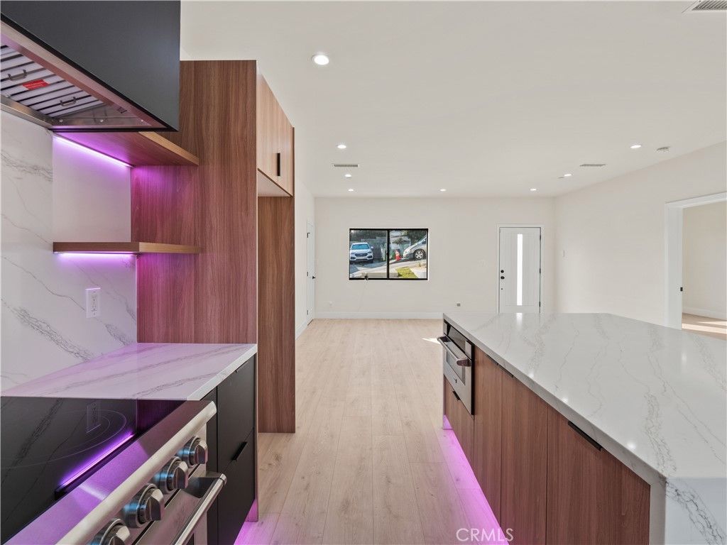 Interior, Kitchen, Marble Walls, Recessed Lighting, Wood Texture Flooring