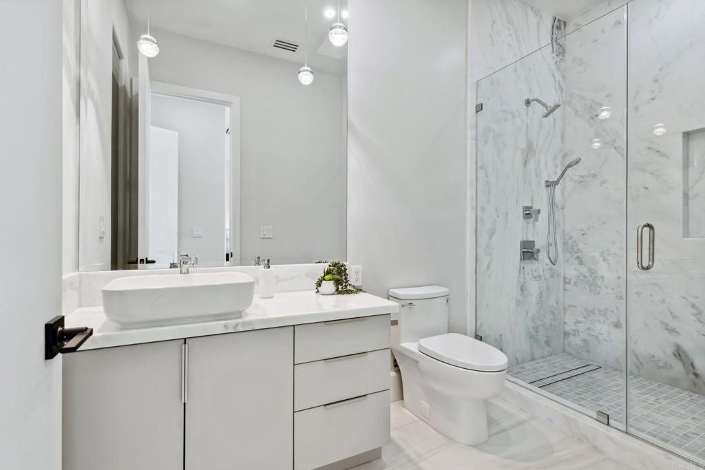 Bathroom, Glass Shower, Interior, Marble, Marble Walls, Recessed Lighting