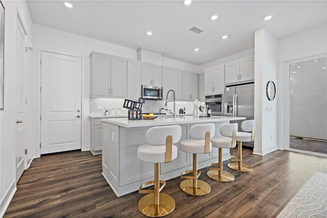 Interior, Kitchen, Recessed Lighting, Stainless Steel Appliances, Wood Texture Flooring