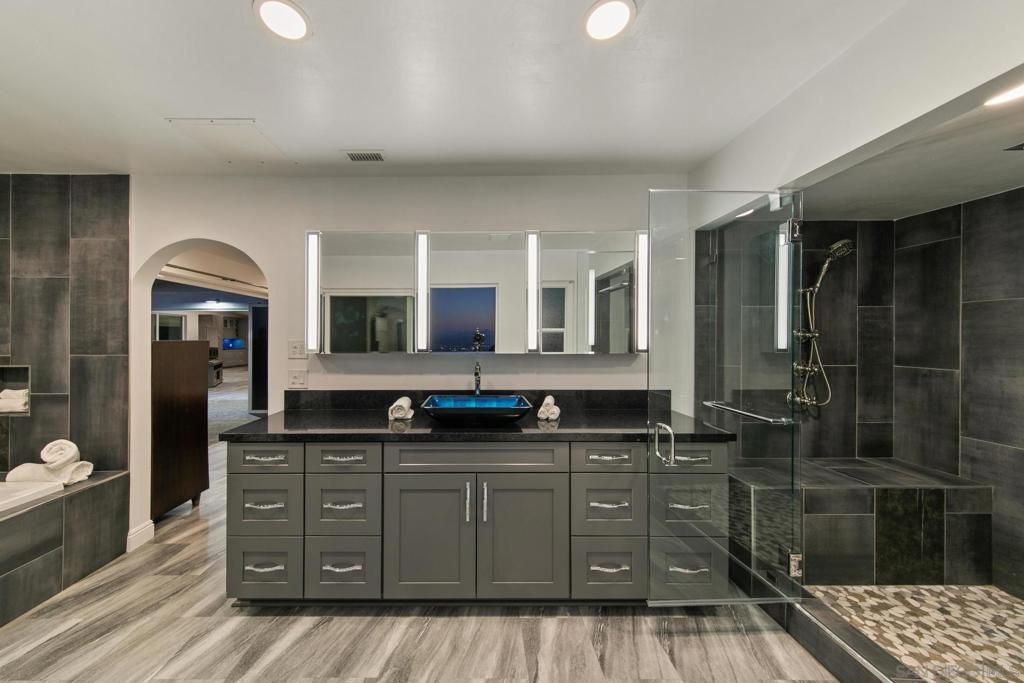 Bathroom, Glass Shower, Interior, Recessed Lighting, Wood Texture Flooring