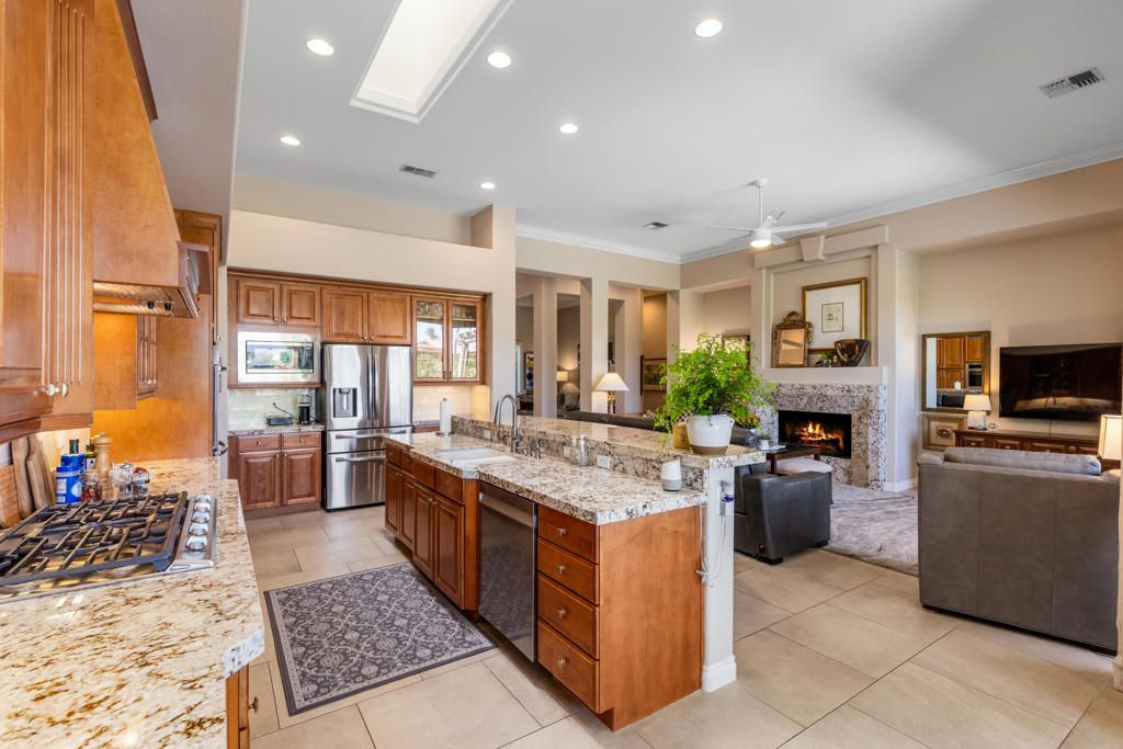 Fireplace, Interior, Kitchen, Living room, Recessed Lighting, Stainless Steel Appliances