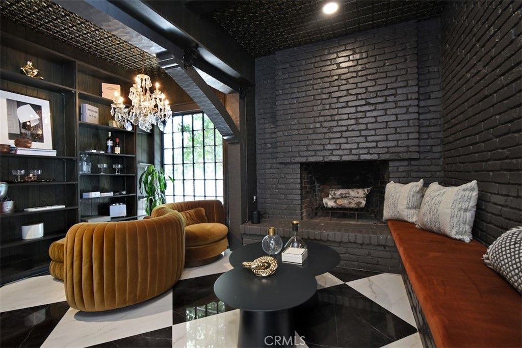 Chandelier, Fireplace, Interior, Living room, Recessed Lighting, Stone Walls