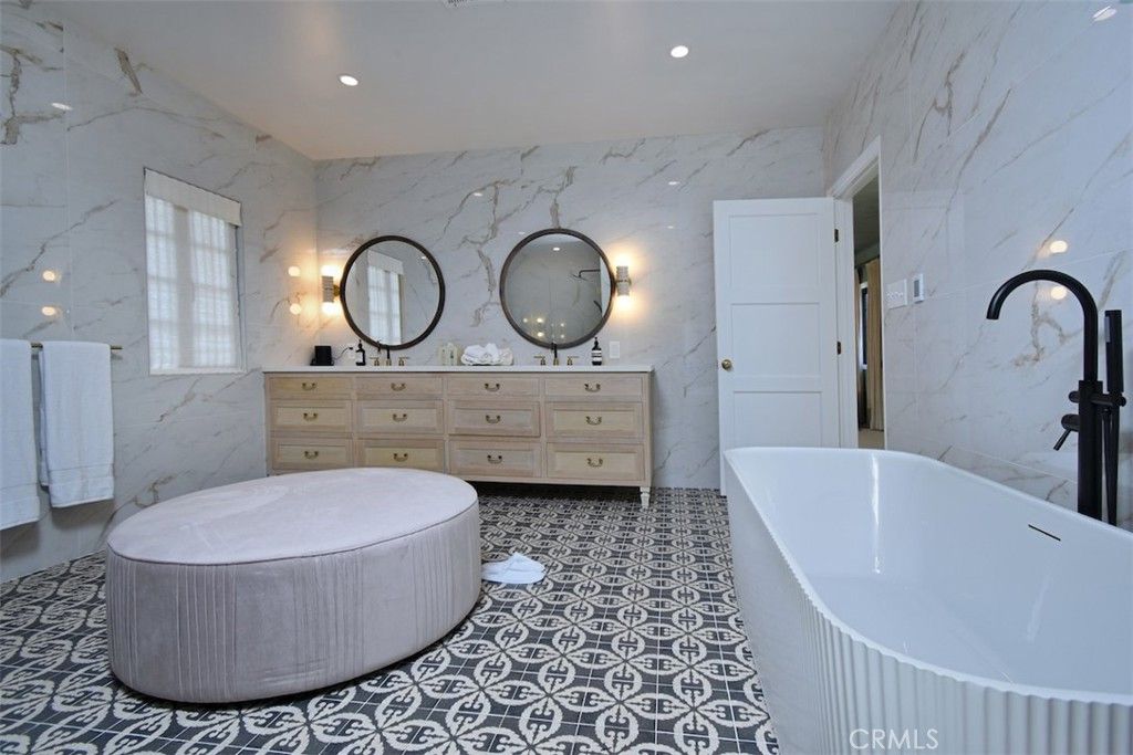 Bathroom, Dual Sink Vanities, Free Standing Baths, Interior, Marble Walls, Recessed Lighting