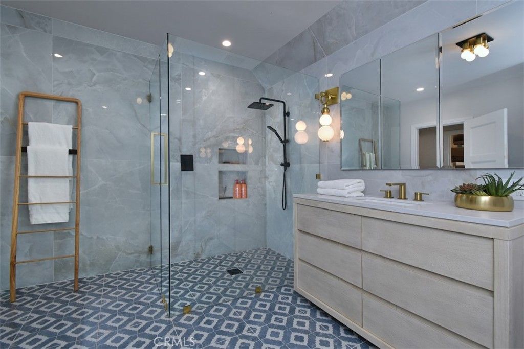 Bathroom, Glass Shower, Interior, Marble Walls, Recessed Lighting