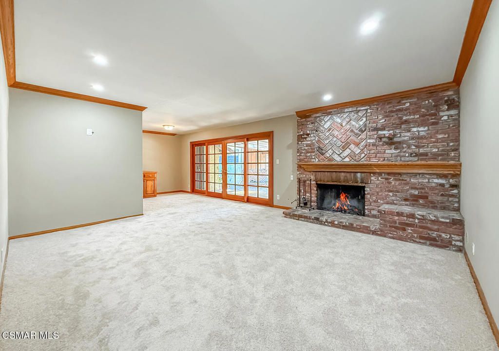 Empty room, Fireplace, Interior, Recessed Lighting, Stone Walls