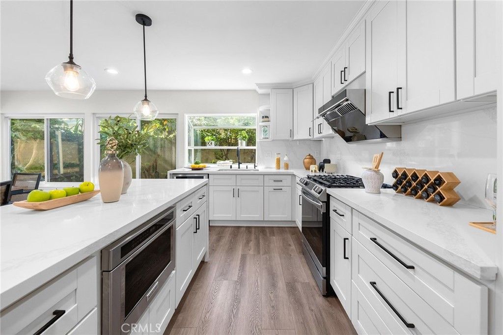 Interior, Kitchen, Pendant Lights, Recessed Lighting, Stainless Steel Appliances, Wood Texture Flooring