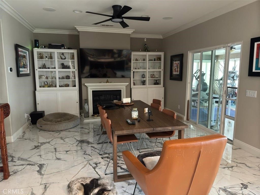 Dining room, Fireplace, Interior, Marble, Recessed Lighting