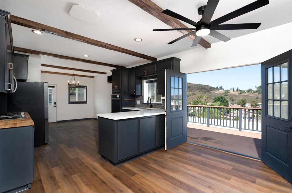 Interior, Kitchen, Pendant Lights, Recessed Lighting, Stainless Steel Appliances, Wooden Beams, Wood Texture Flooring