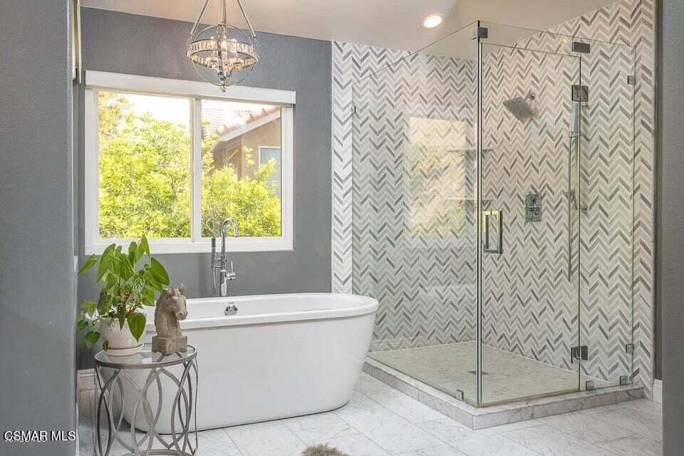 Bathroom, Free Standing Baths, Glass Shower, Interior, Marble, Pendant Lights, Recessed Lighting