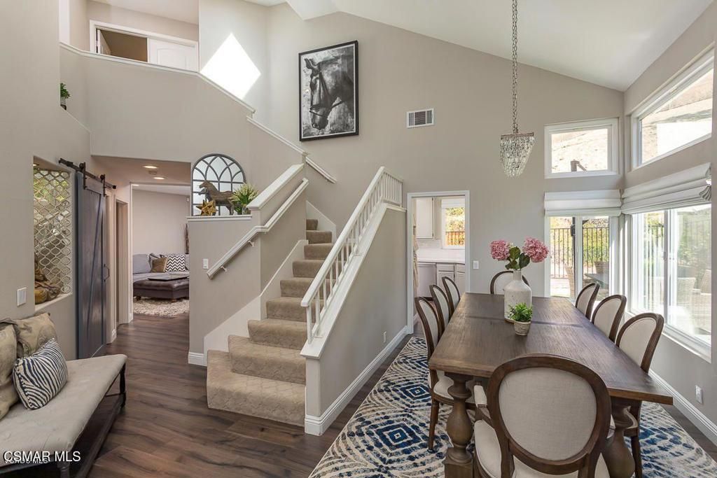 Dining room, Interior, Pendant Lights, Recessed Lighting, Wood Texture Flooring