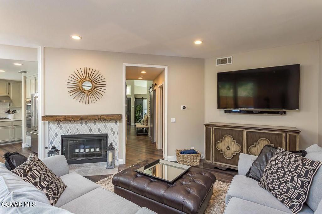 Fireplace, Interior, Living room, Recessed Lighting, Wood Texture Flooring
