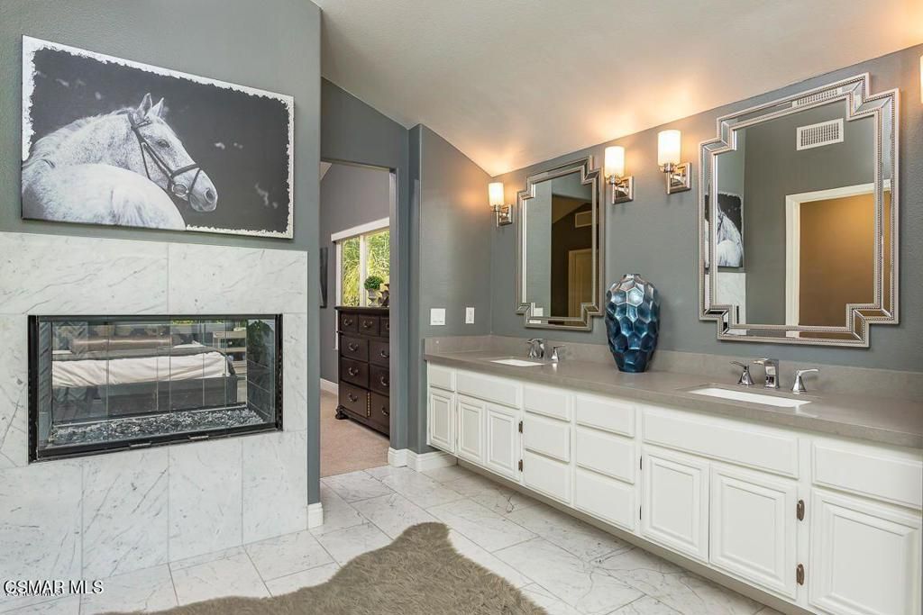 Bathroom, Dual Sink Vanities, Fireplace, Interior, Marble