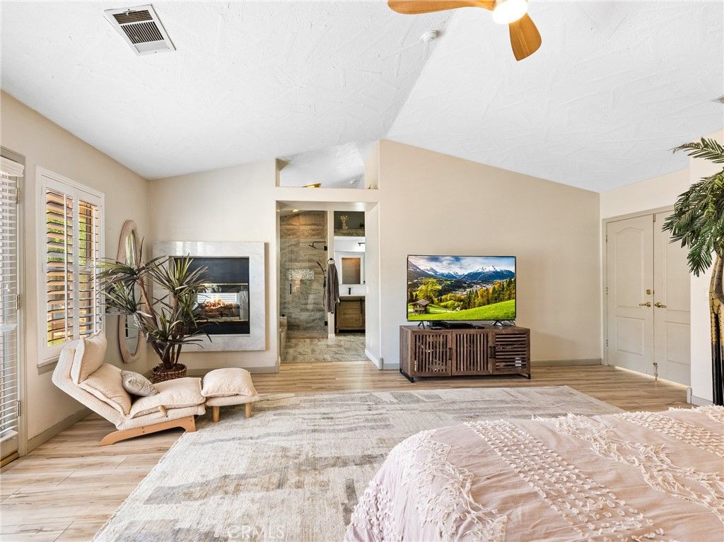 Bedroom, Fireplace, Interior, Wood Texture Flooring