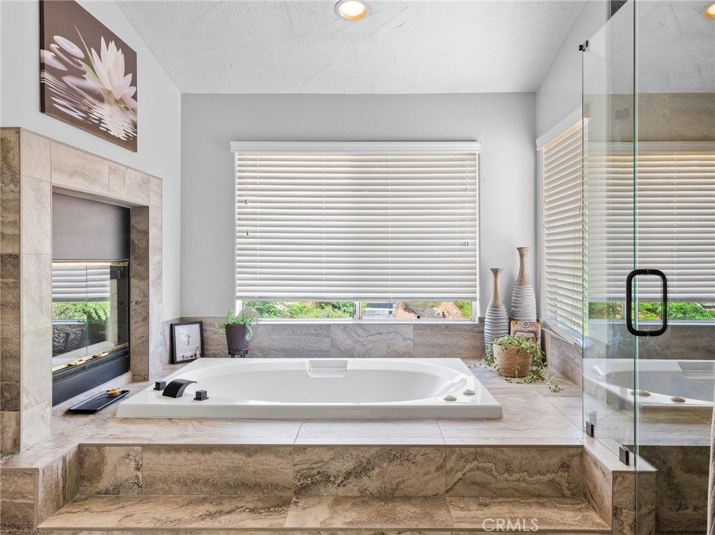 Bathroom, Fireplace, Glass Shower, Interior, Recessed Lighting