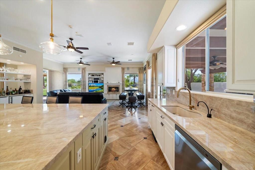 Dining room, Fireplace, Interior, Kitchen, Living room, Pendant Lights, Recessed Lighting