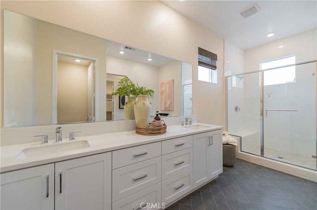 Bathroom, Dual Sink Vanities, Glass Shower, Interior, Recessed Lighting, Wood Texture Flooring